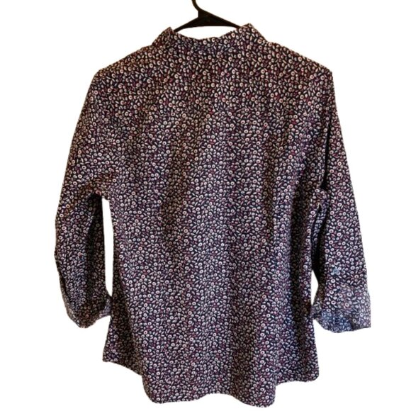 Talbots Cotton Button-Down Shirt LS Ditsy Floral Blue Red White Roll Sleeves, 12 - Picture 2 of 8